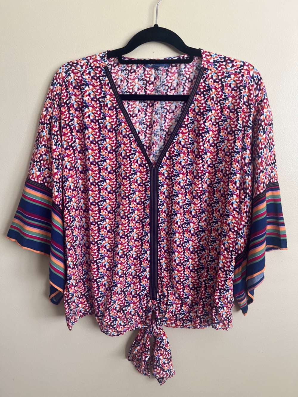 Democracy Size Large Floral Tie Front Kimono Sleeve Boho Blouse Top